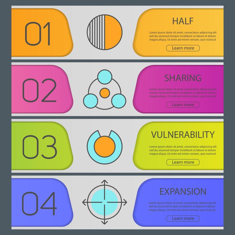 Abstract symbols banner templates set. Half, sharing, vulnerability, expansion. Website menu items. Color web banner. Vector headers design concepts