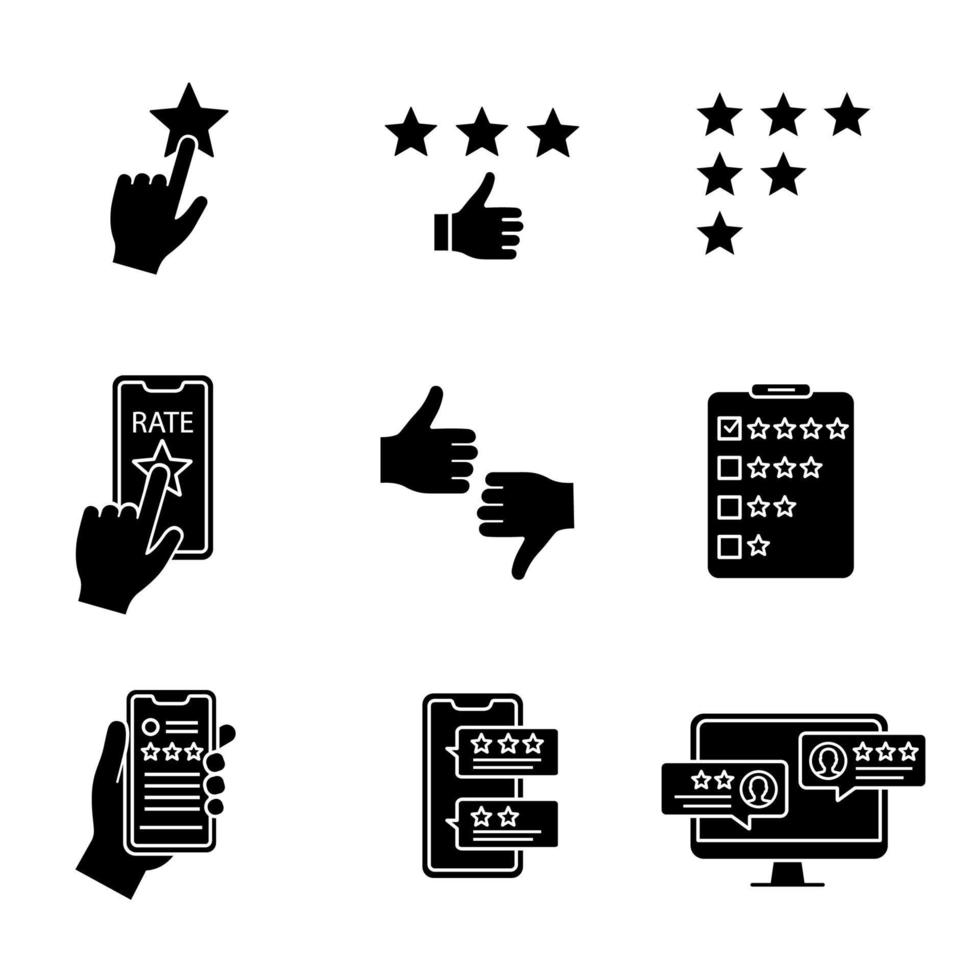 Rating glyph icons set. Add to favorite, customer review and feedback, app rating, like and dislike, quality survey. Silhouette symbols. Vector isolated illustration