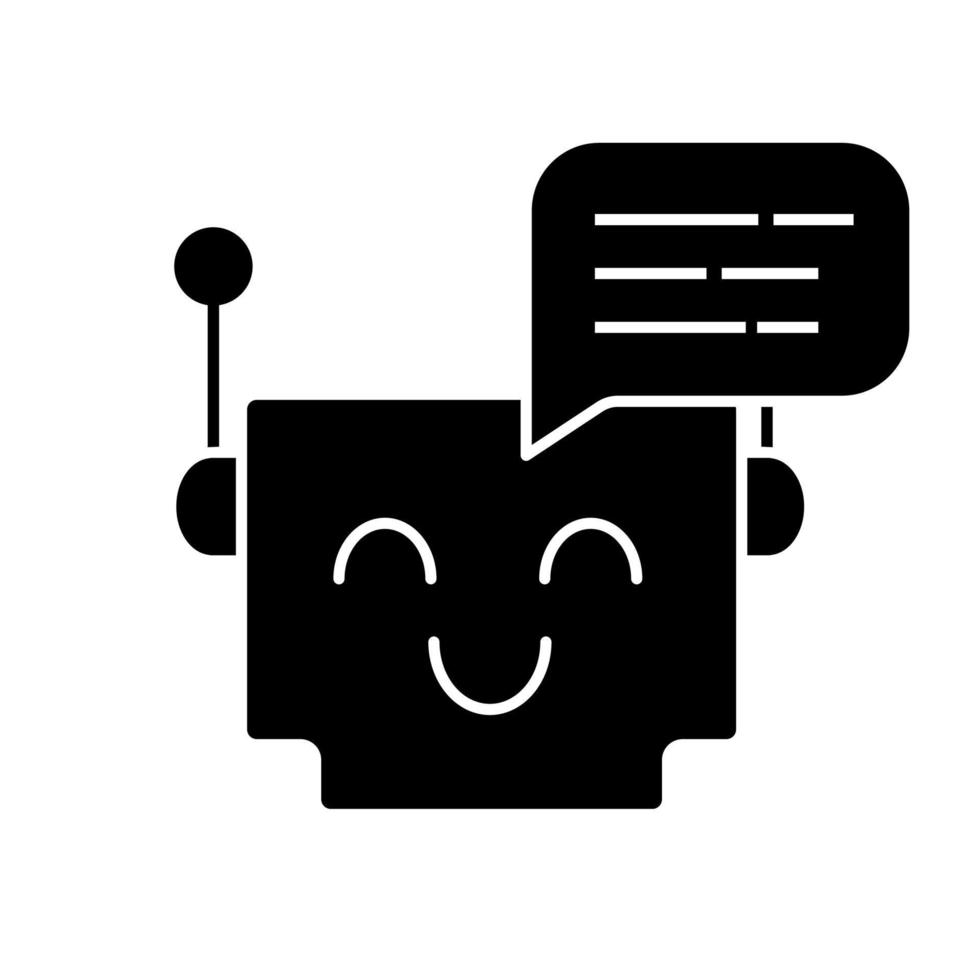 Chatbot message glyph icon. Talkbot. Modern robot. Square head laughing chat bot. Virtual assistant. Conversational agent. Silhouette symbol. Negative space. Vector isolated illustration