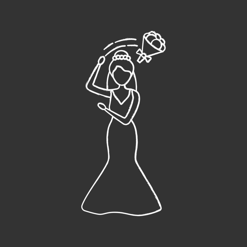 novia lanzando ramo de boda icono de tiza. prometida con flores. tradición de la ceremonia de la boda. ilustración de pizarra de vector aislado
