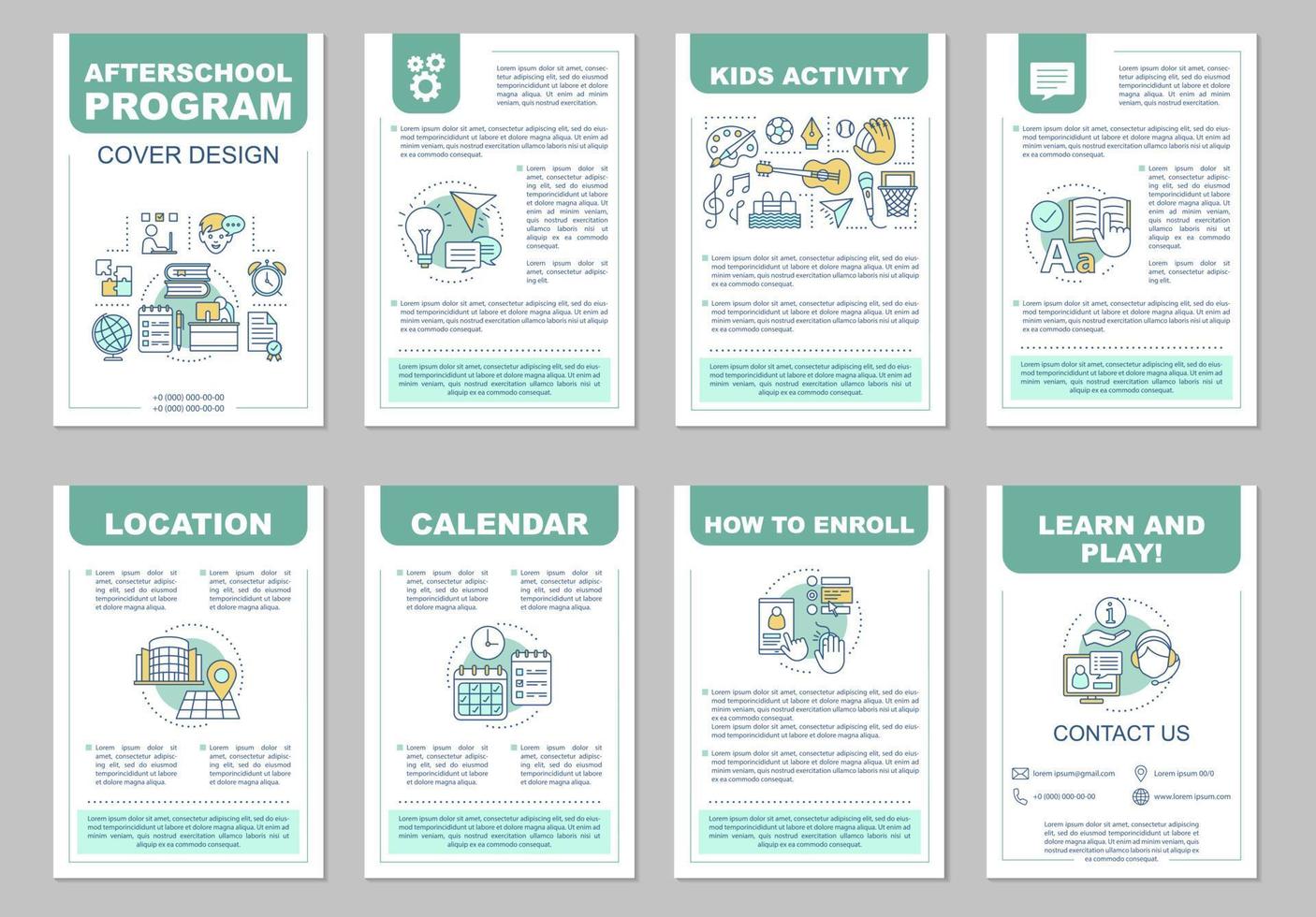 diseño de plantilla de folleto de programa después de la escuela. Actividades despues de la escuela. aprender y jugar. folleto, folleto, diseño de impresión de folletos con ilustraciones lineales. páginas vectoriales para revistas, informes, carteles. vector