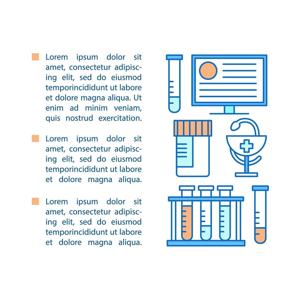 Medicine article page vector template. Medical services. Healthcare. Lab diagnostics. Brochure, magazine, booklet design element with linear icons and text boxes. Concept illustrations with text space