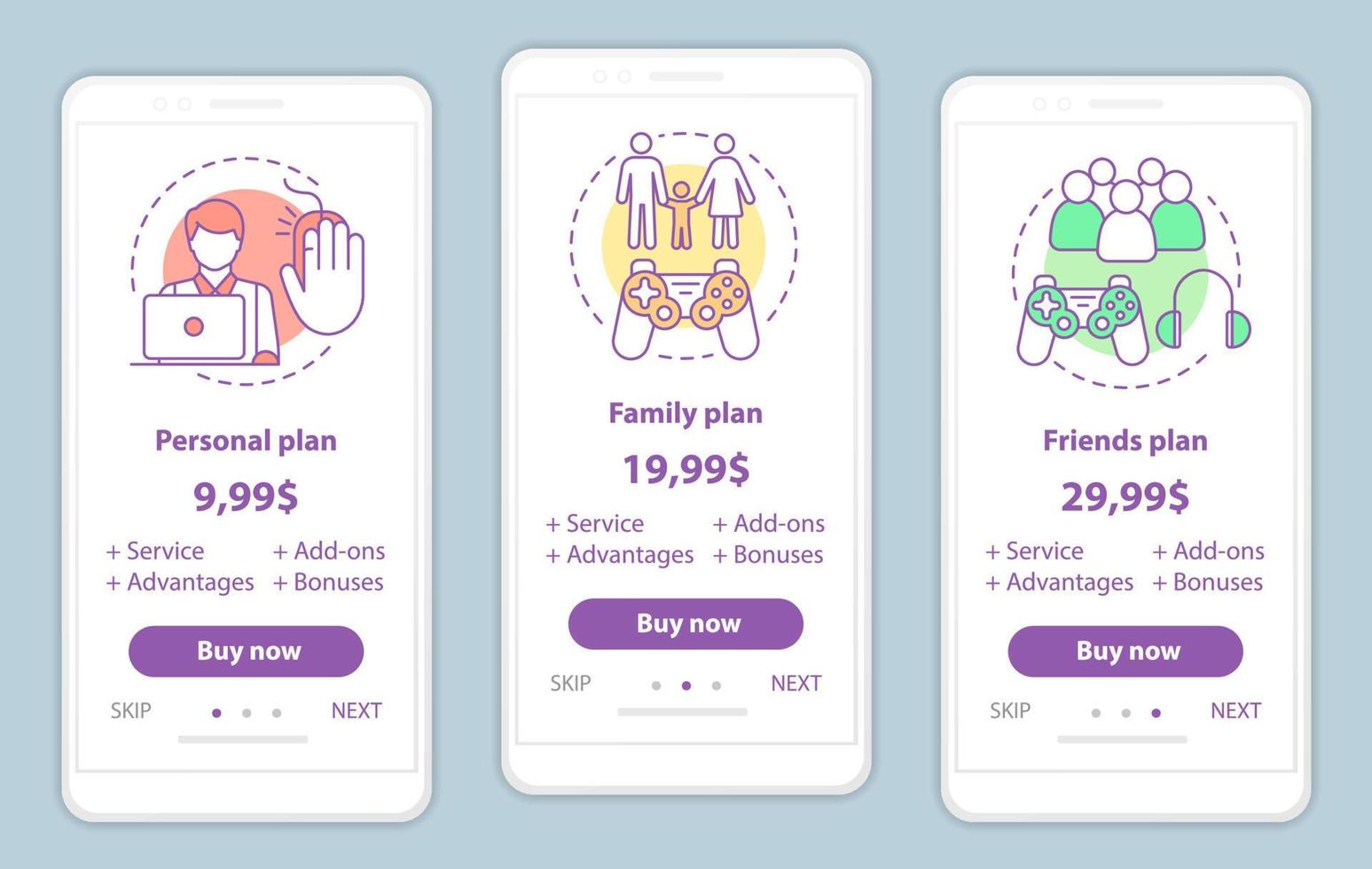 Entertainment onboarding mobile app screens with service prices. Walkthrough website pages templates. Pay to play. Video, computer games tariff plans. Subscription, membership payment web page layout vector