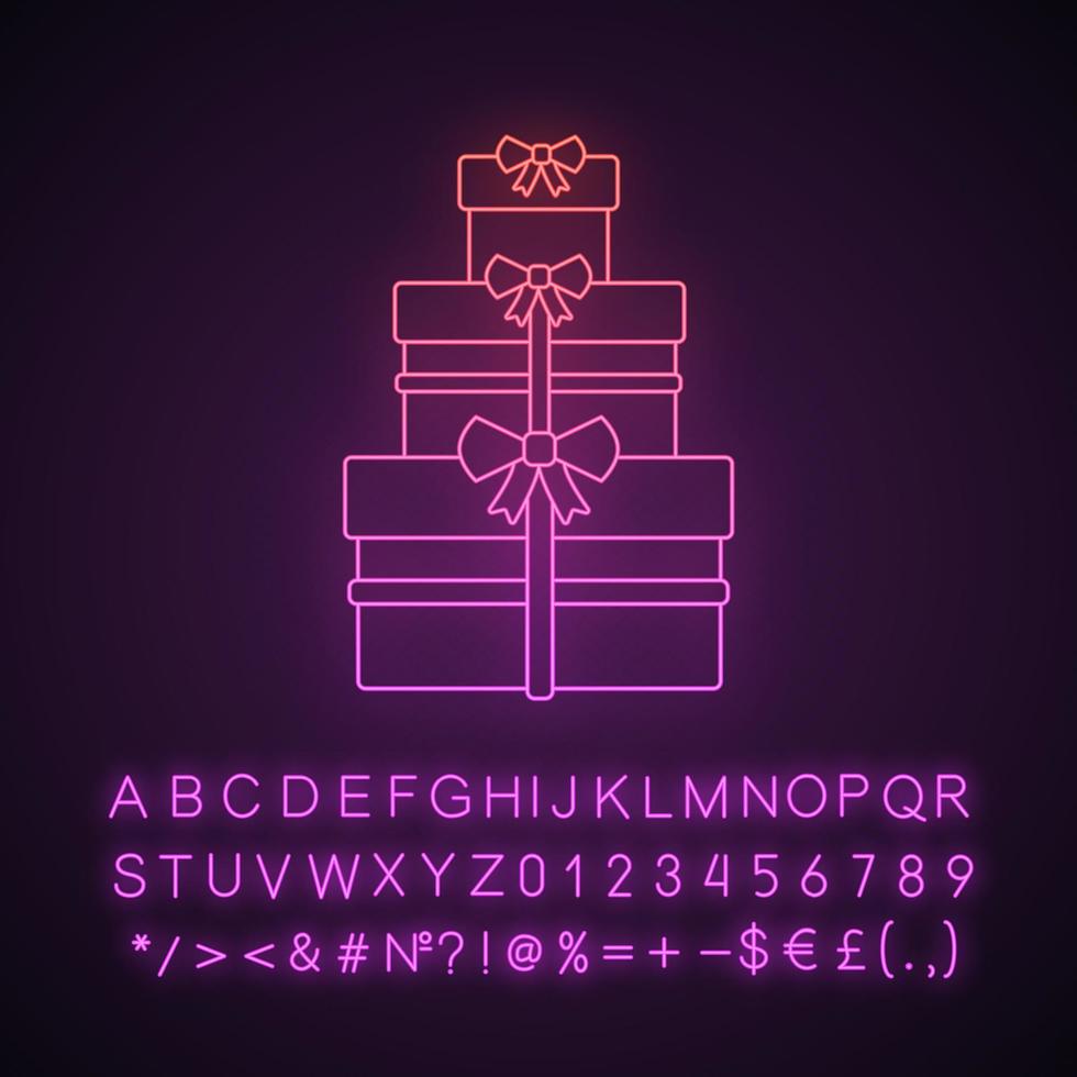 Gifts boxes neon light icon. Wedding, New Year, birthday presents. Holiday celebration. Glowing sign with alphabet, numbers and symbols. Vector isolated illustration