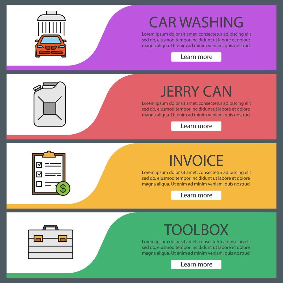 Auto workshop web banner templates set. Car washing, jerry can, invoice, toolbox. Website color menu items. Vector headers design concepts