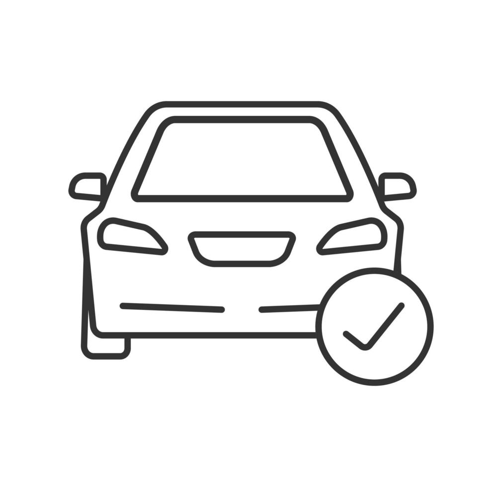 Car with check mark linear icon. Total automobile check. Thin line illustration. Contour symbol. Vector isolated outline drawing