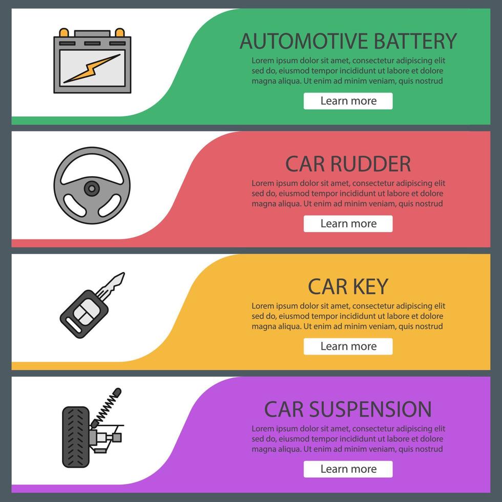 Auto workshop web banner templates set. Automotive battery, car rudder, key, suspension. Website color menu items. Vector headers design concepts