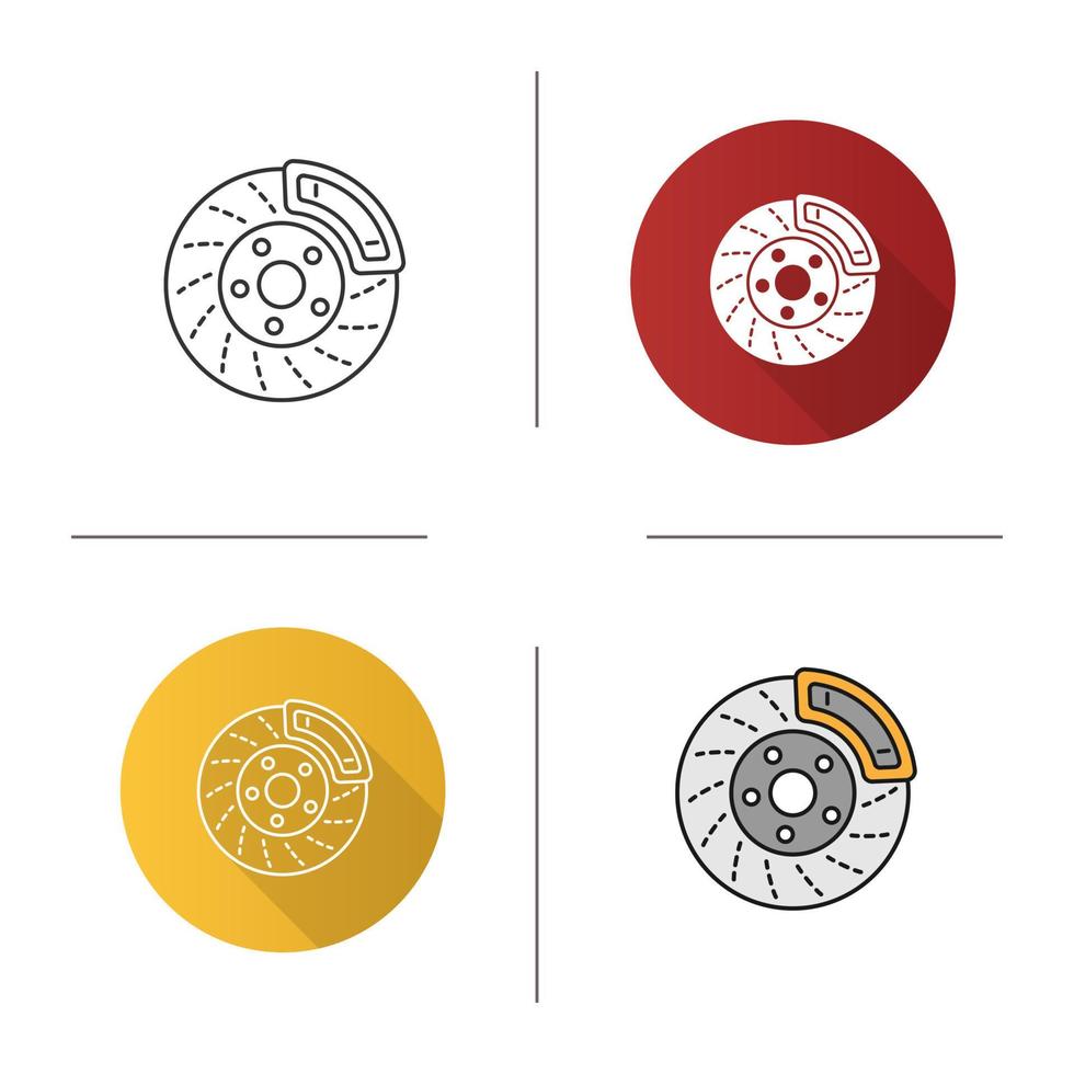 Disc brake with caliper icon. Flat design, linear and color styles. Isolated vector illustrations