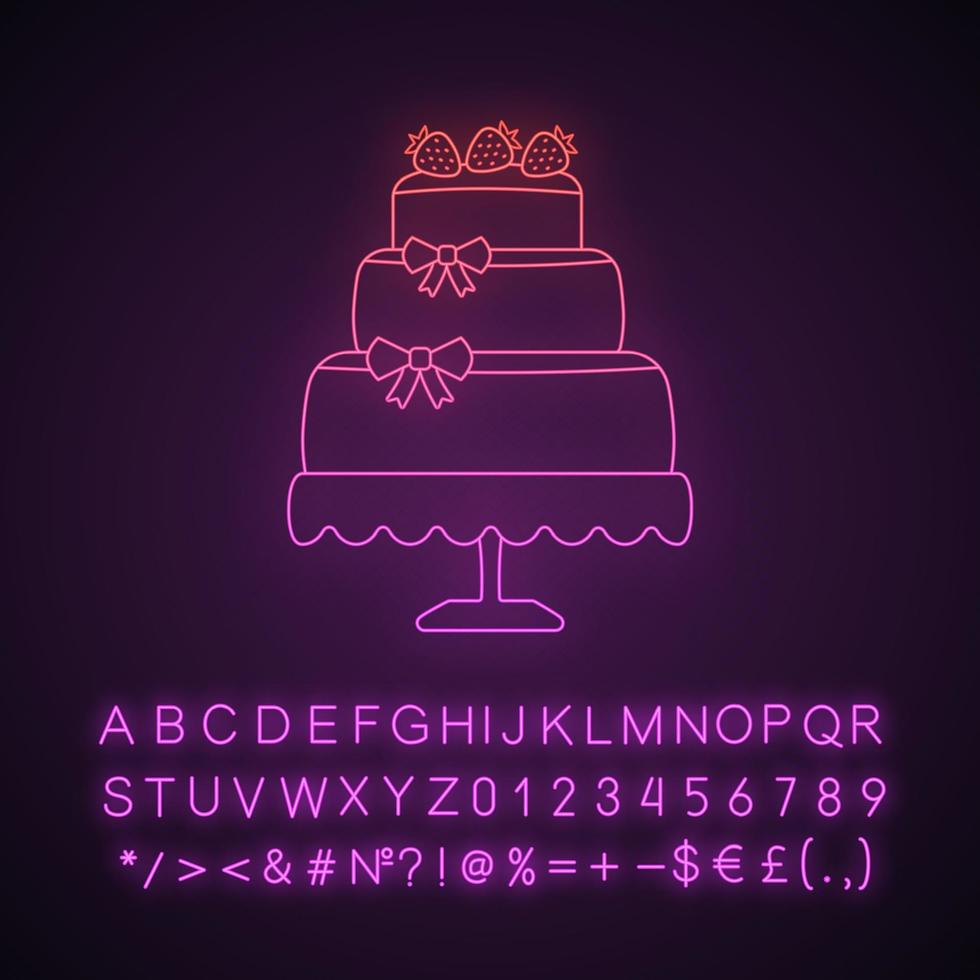 Wedding cake neon light icon. Stacked holiday cake with bows and strawberries. Confectionery, bakery. Glowing alphabet, numbers and symbols. Vector isolated illustration