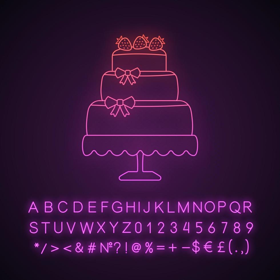 icono de luz de neón de pastel de boda. torta navideña apilada con arcos y fresas. confitería, panadería. alfabeto, números y símbolos brillantes. vector ilustración aislada