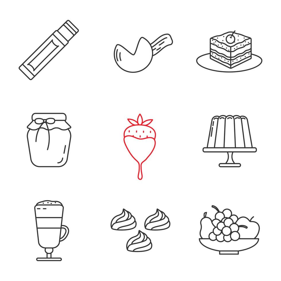 Confectionery linear icons set. Chewing gum stick, fortune cookie, tiramisu, berry jam, strawberry in chocolate, pudding, coffee, meringues, fruit. Contour symbol. Isolated vector outline illustration