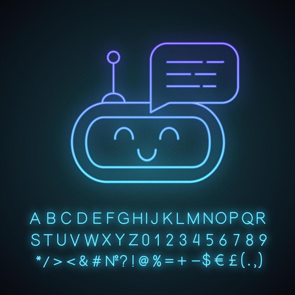 Chatbot message neon light icon. Talkbot. Laughing chat bot. Modern robot. Virtual assistant. Conversational agent. Glowing sign with alphabet, numbers and symbols. Vector isolated illustration