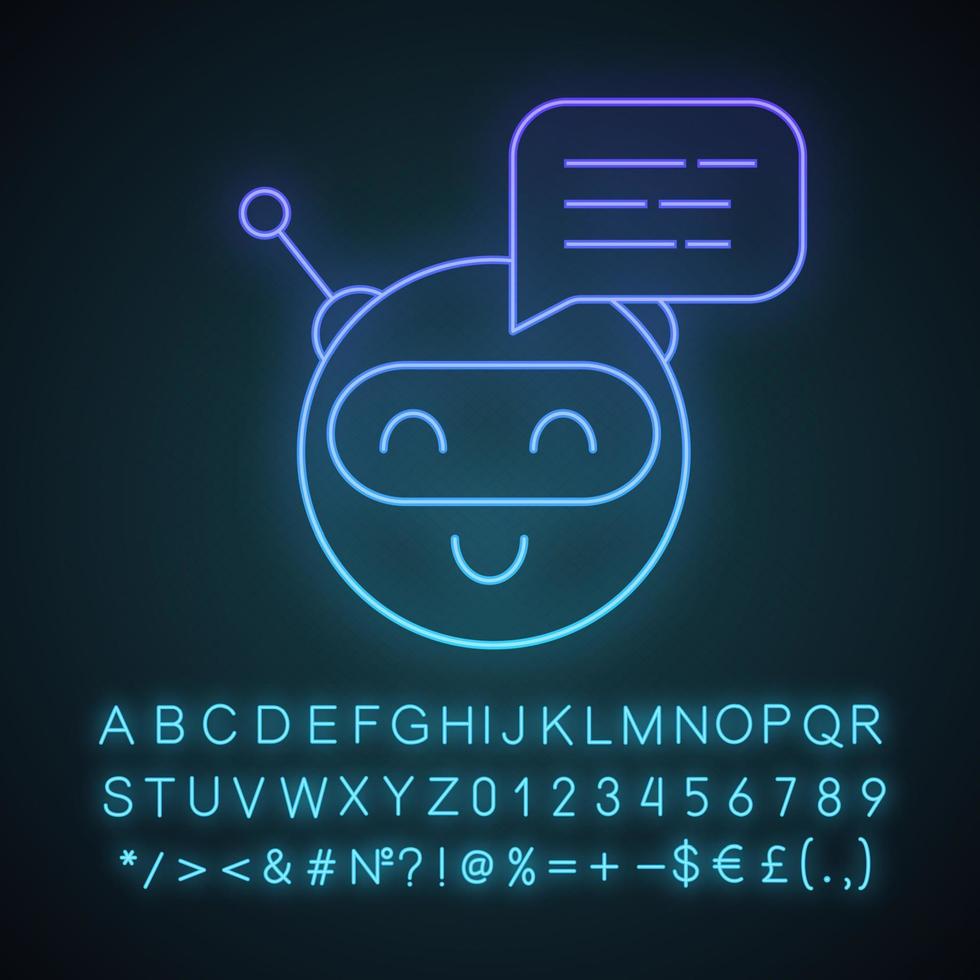 Chatbot message neon light icon. Talkbot. Circle head laughing chat bot. Modern robot. Virtual assistant. Conversational agent. Glowing sign with alphabet, numbers. Vector isolated illustration