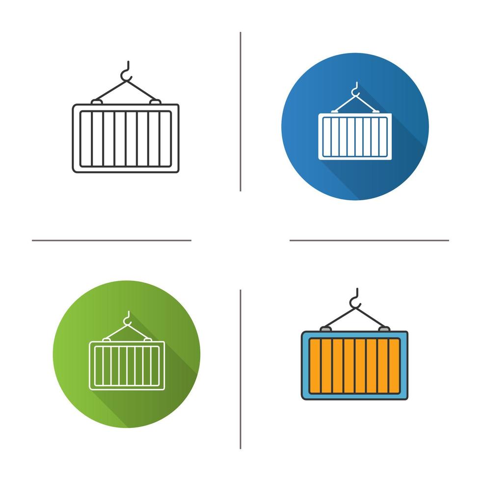 Intermodal container icon. Flat design, linear and color styles. Shipping container on crane hook. Freight loading. Isolated vector illustrations