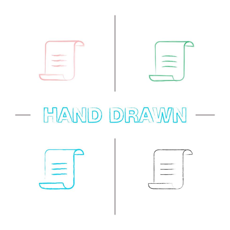 Paper scroll with text hand drawn icons set. Document, certificate. Color brush stroke. Isolated vector sketchy illustrations