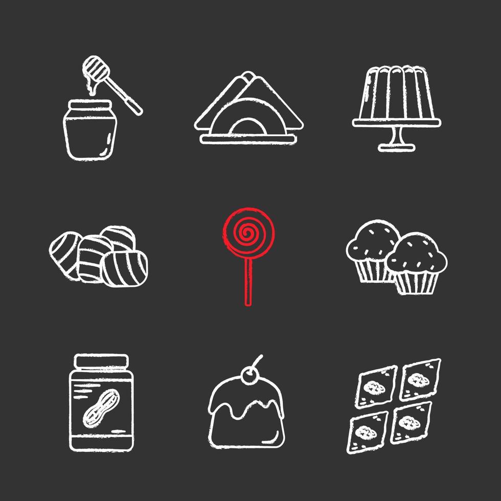 Confectionery chalk icons set. Honey jar, jelly pudding, table napkins, marshmallow, lollipop, cupcakes, peanut butter, panna cotta, baklava. Isolated vector chalkboard illustrations