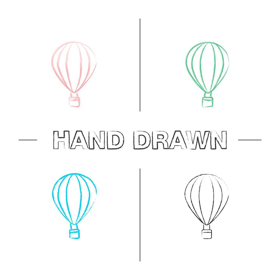 Hot air balloon hand drawn icons set. Color brush stroke. Aerostat. Isolated vector sketchy illustrations