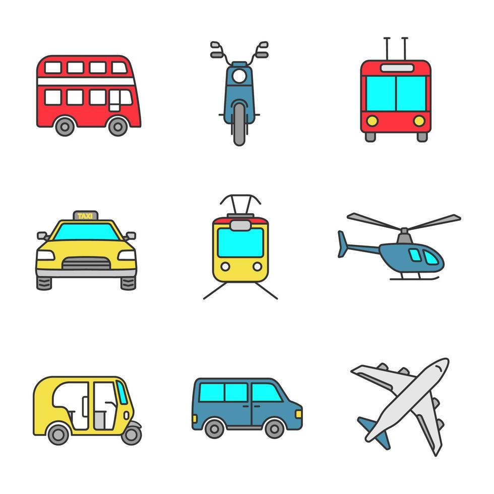 Public transport color icons set. Modes of transport. Double decker bus, scooter, trolleybus, taxi, tram, helicopter, auto rickshaw, minivan, airplane. Isolated vector illustrations