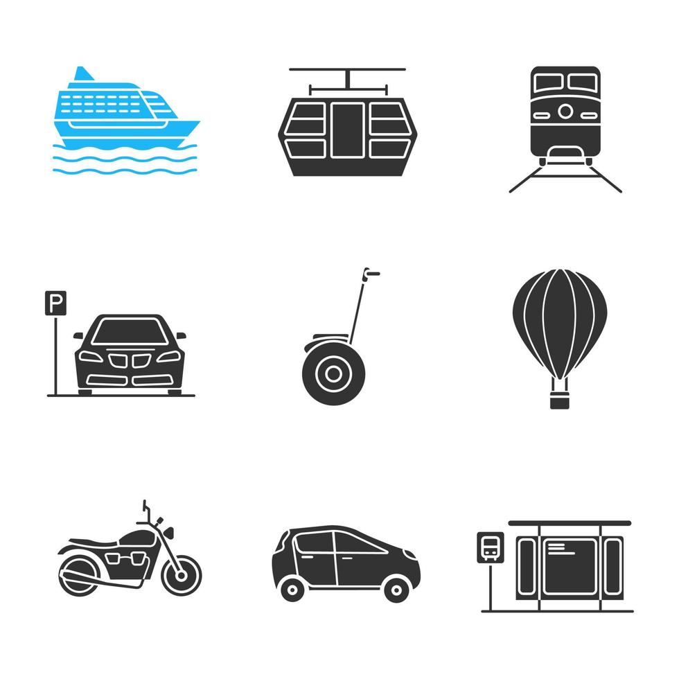 Public transport glyph icons set. Silhouette symbol. Modes of transport. Cruise ship, funicular, train, parking zone, hot air balloon, motorbike, car, bus station. Vector isolated illustration