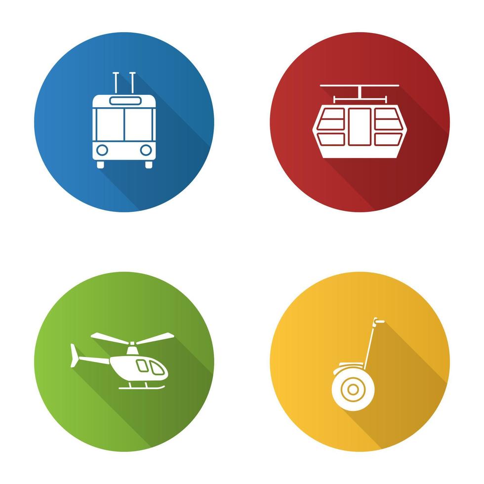 Public transport flat design long shadow glyph icons set. Modes of transport. Trolleybus, funicular, helicopter, self-balancing scooter. Vector silhouette illustration
