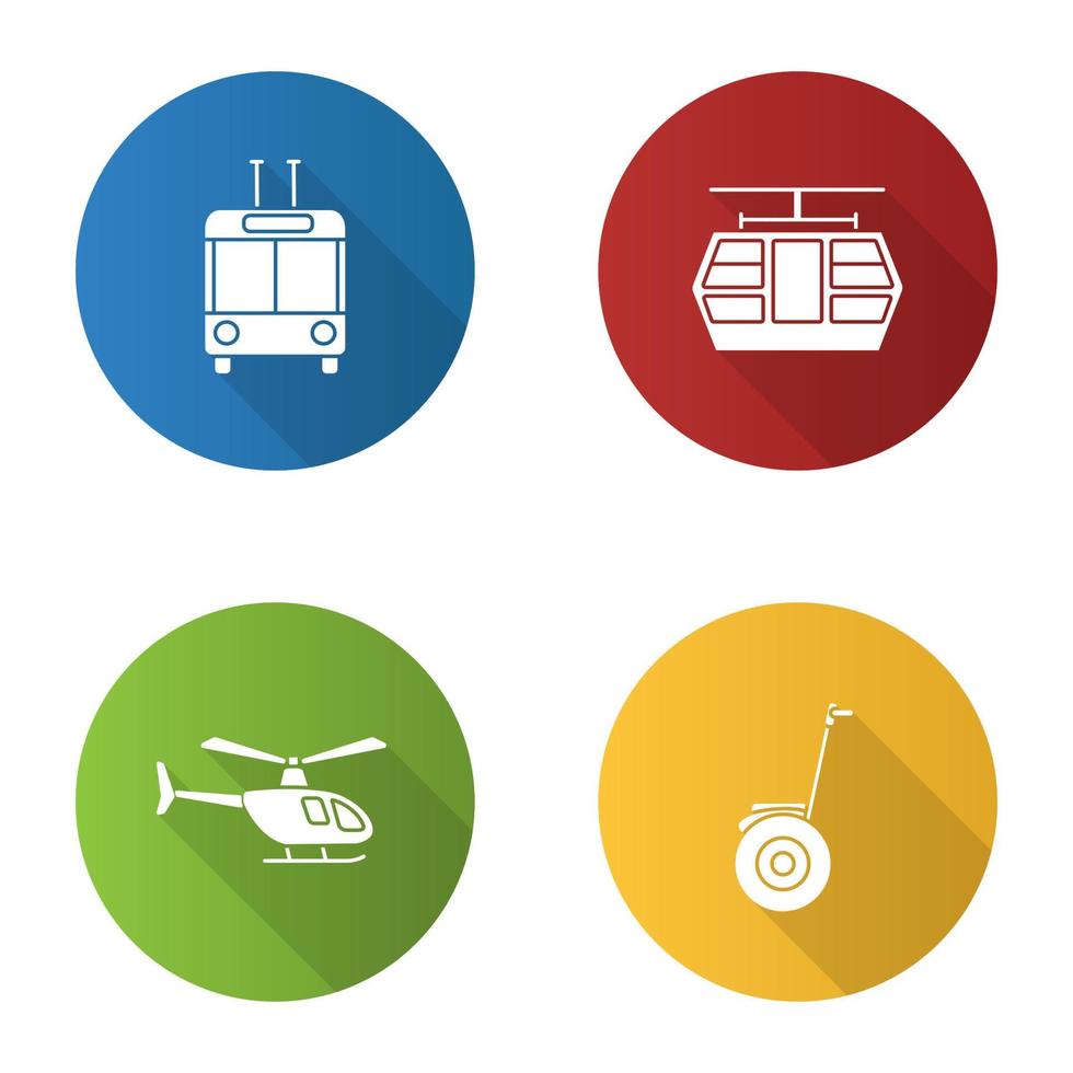 Conjunto de iconos de glifo de larga sombra de diseño plano de transporte público. modos de transporte. trolebús, funicular, helicóptero, scooter autoequilibrado. ilustración de silueta de vector