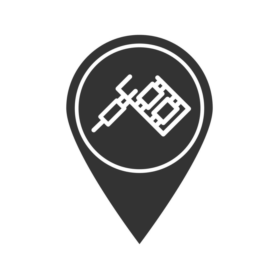 Tattoo studio location glyph icon. Silhouette symbol. Map pinpoint with tattoo machine. Negative space. Vector isolated illustration