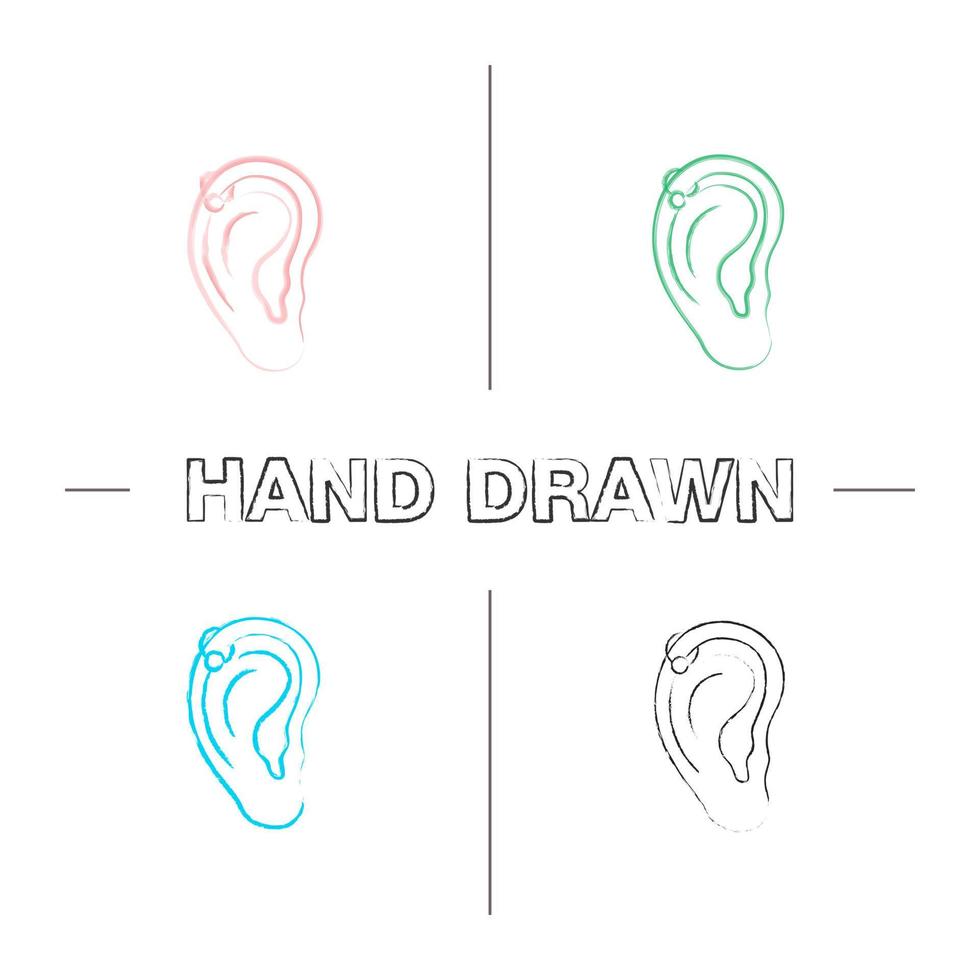 Helix piercing hoop hand drawn icons set. Pierced ear cartilage. Color brush stroke. Isolated vector sketchy illustrations