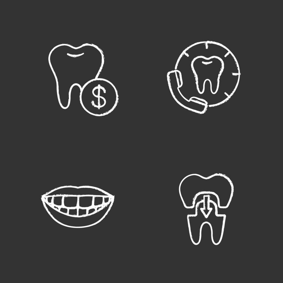 Dentistry chalk icons set. Stomatology. Dental service prices, calling to dentist, tooth crown, beautiful smile. Isolated vector chalkboard illustrations