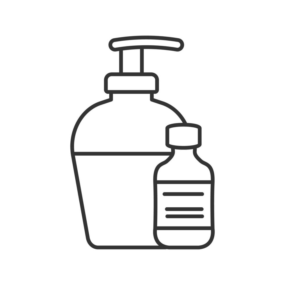 Antibacterial liquid and soap linear icon. Thin line illustration. Tattoo aftercare. Contour symbol. Vector isolated outline drawing