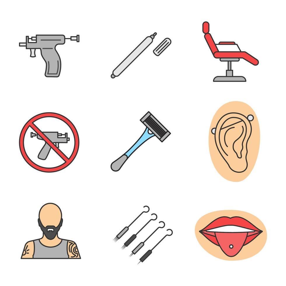 Tattoo studio color icons set. Piercing service. Highlighter, tattoo chair, piercing gun prohibition, razor, pierced ear and tongue, tattooist, ink needles pack. Isolated vector illustrations