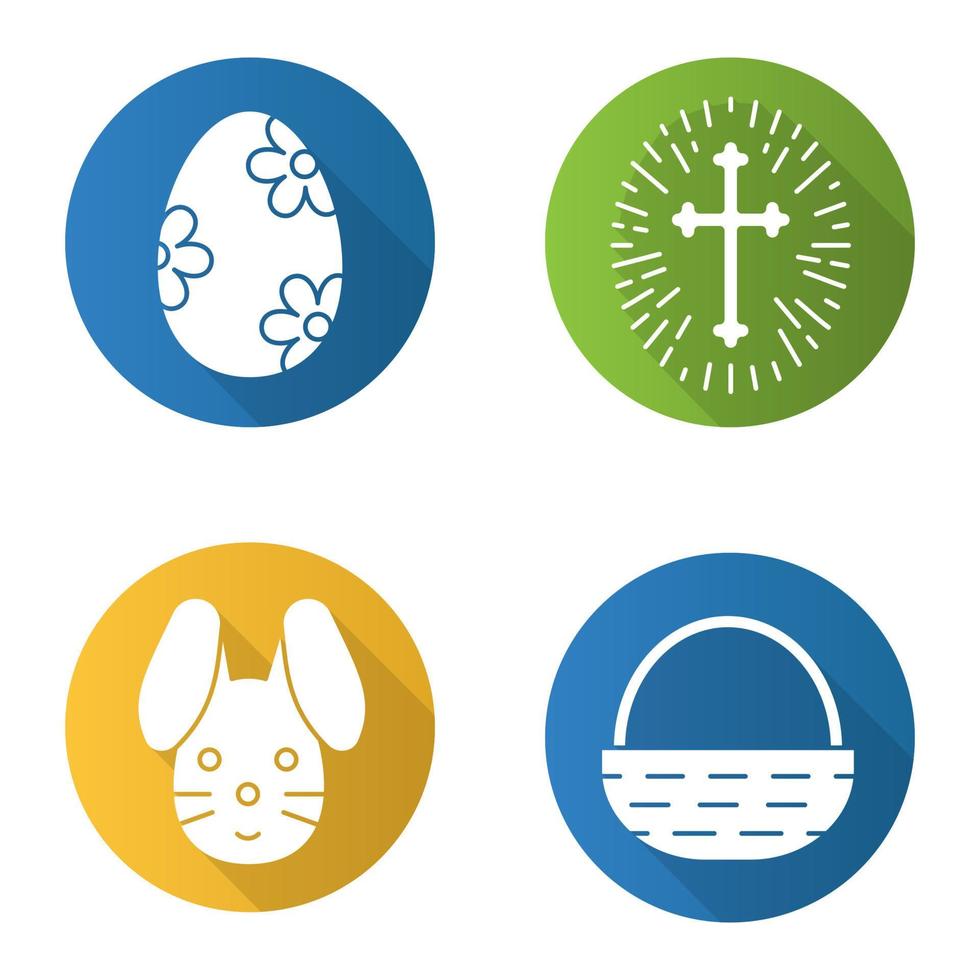 Easter flat design long shadow icons set. Church crucifix with light around, Easter bunny, egg with flowers pattern, basket. Vector silhouette illustration