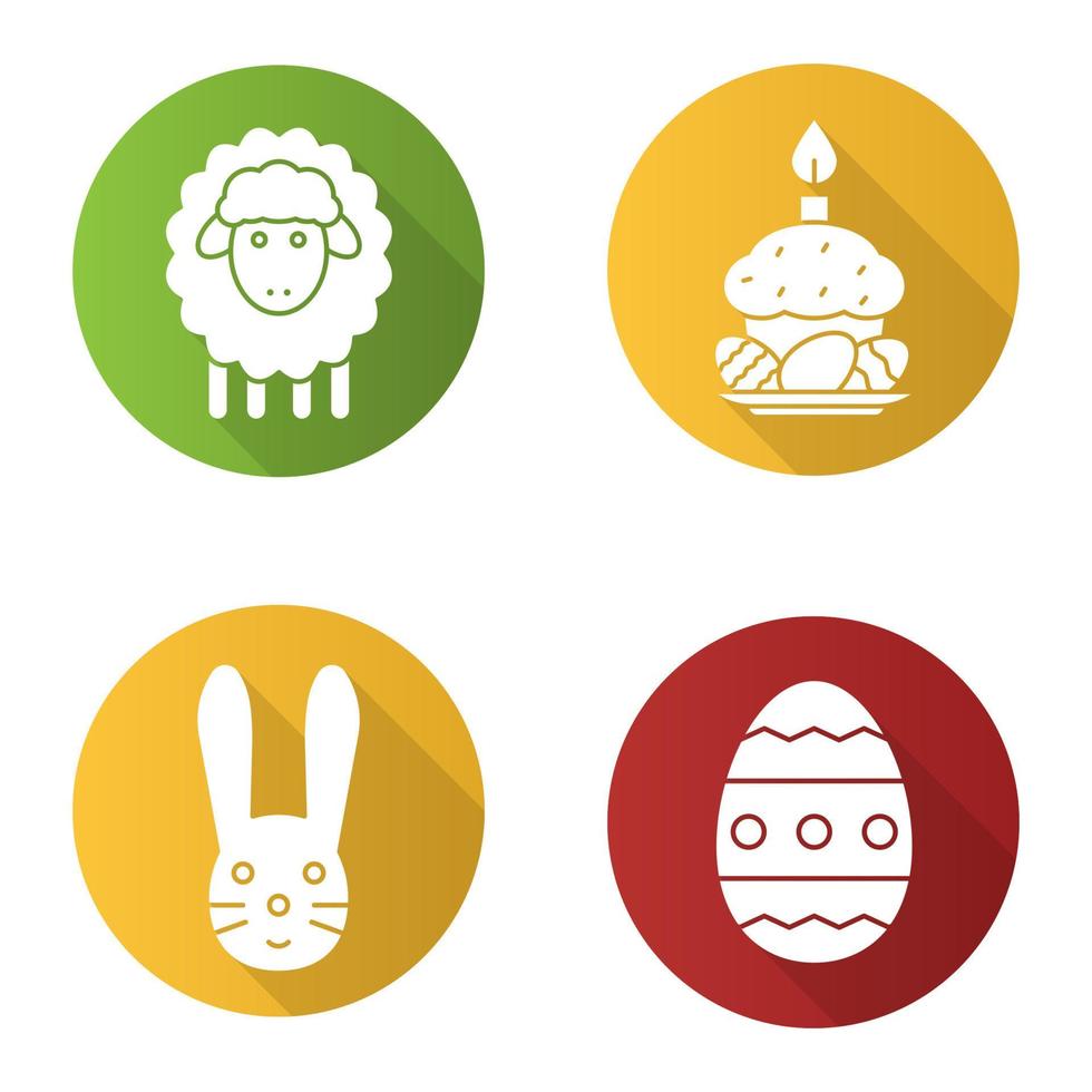 Easter flat design long shadow icons set. Easter bunny, lamb, egg and cake with eggs and candle on plate. Vector silhouette illustration
