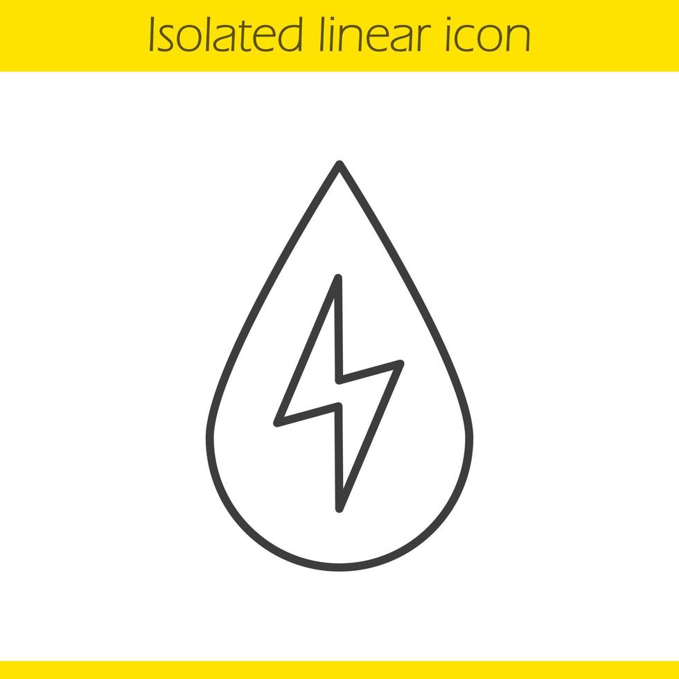 Water energy linear icon. Thin line illustration. Water drop with lightning inside. Hydro power plant contour symbol. Vector isolated outline drawing