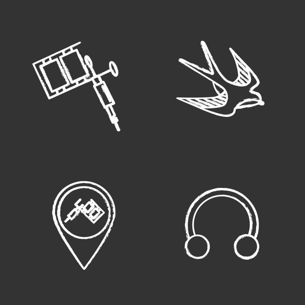 Tattoo studio chalk icons set. Piercing service. Tattoo machine, swallow sketch, studio location, half hoop earring. Isolated vector chalkboard illustrations