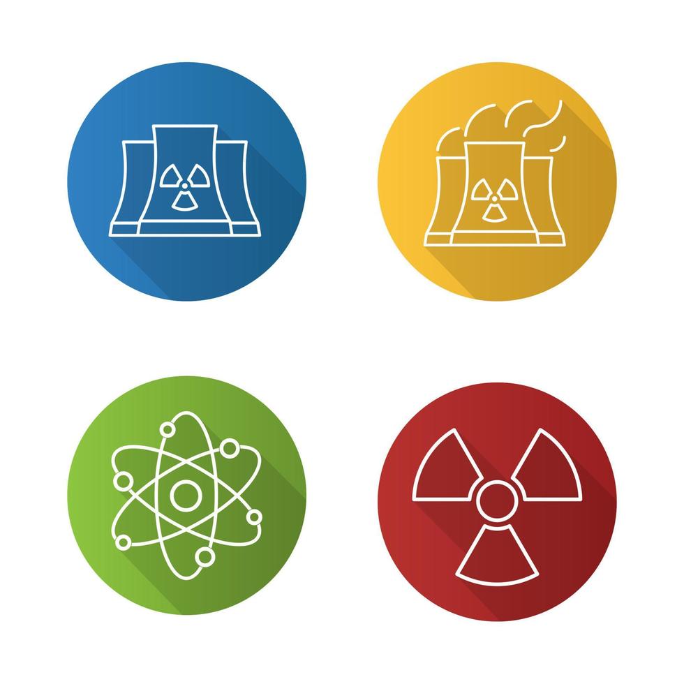 Atomic energy flat linear long shadow icons set. Nuclear power plant with smoke, radiation and atom symbols. Vector line illustration