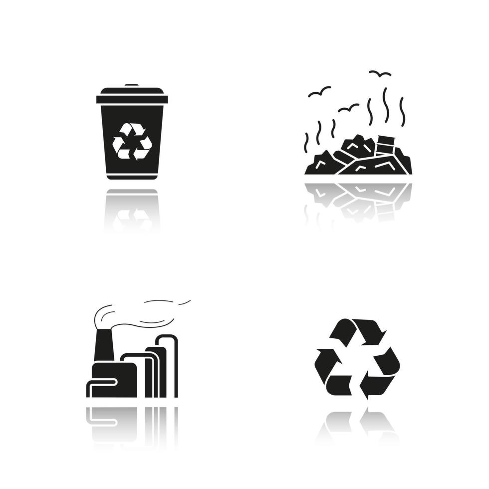 Waste management drop shadow black icons set. Recycle bin symbol, rubbish dump, factory pollution. Environment protection. Isolated vector illustrations