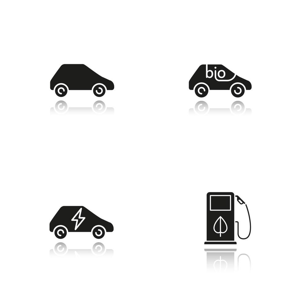 Eco friendly cars drop shadow black icons set. Bio, electric vehicles, eco fuel concept. Isolated vector illustrations