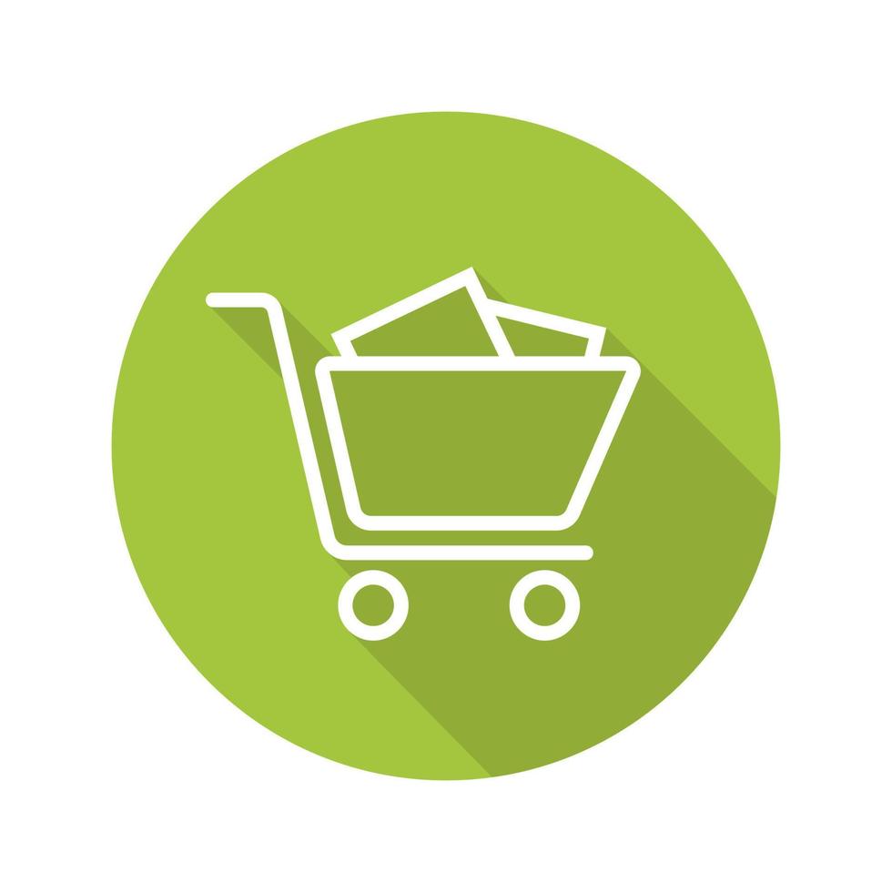Shopping cart with boxes. Flat linear long shadow icon. Vector line symbol
