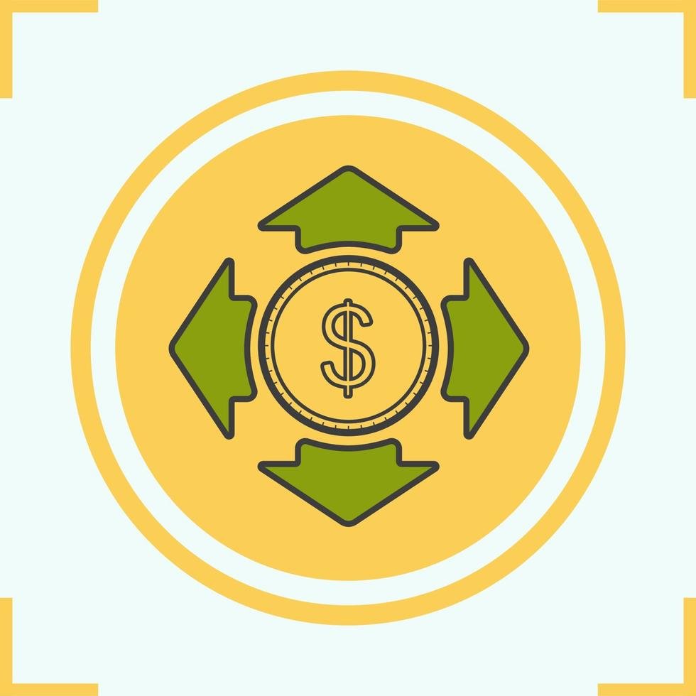 Money spending color icon. Dollar coin with all direction arrows. Isolated vector illustration