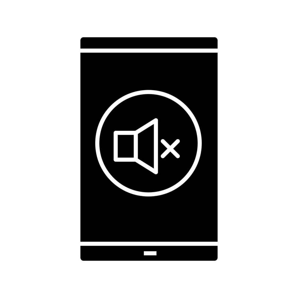 Smartphone sound turning off glyph icon. Mute. Mobile phone sound control. Silhouette symbol. Negative space. Vector isolated illustration
