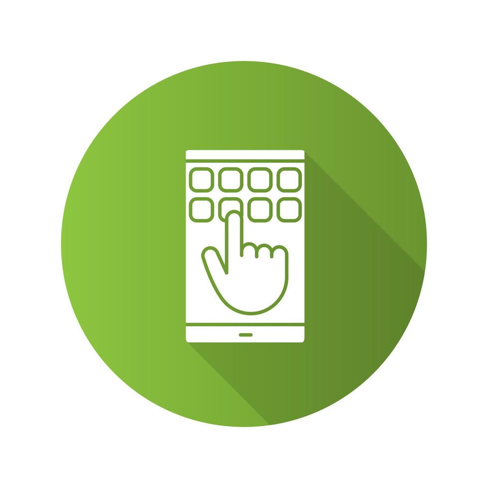 Smartphone touchscreen and keypad flat design long shadow glyph icon. Hand entering smartphone password. Typing message. Vector silhouette illustration