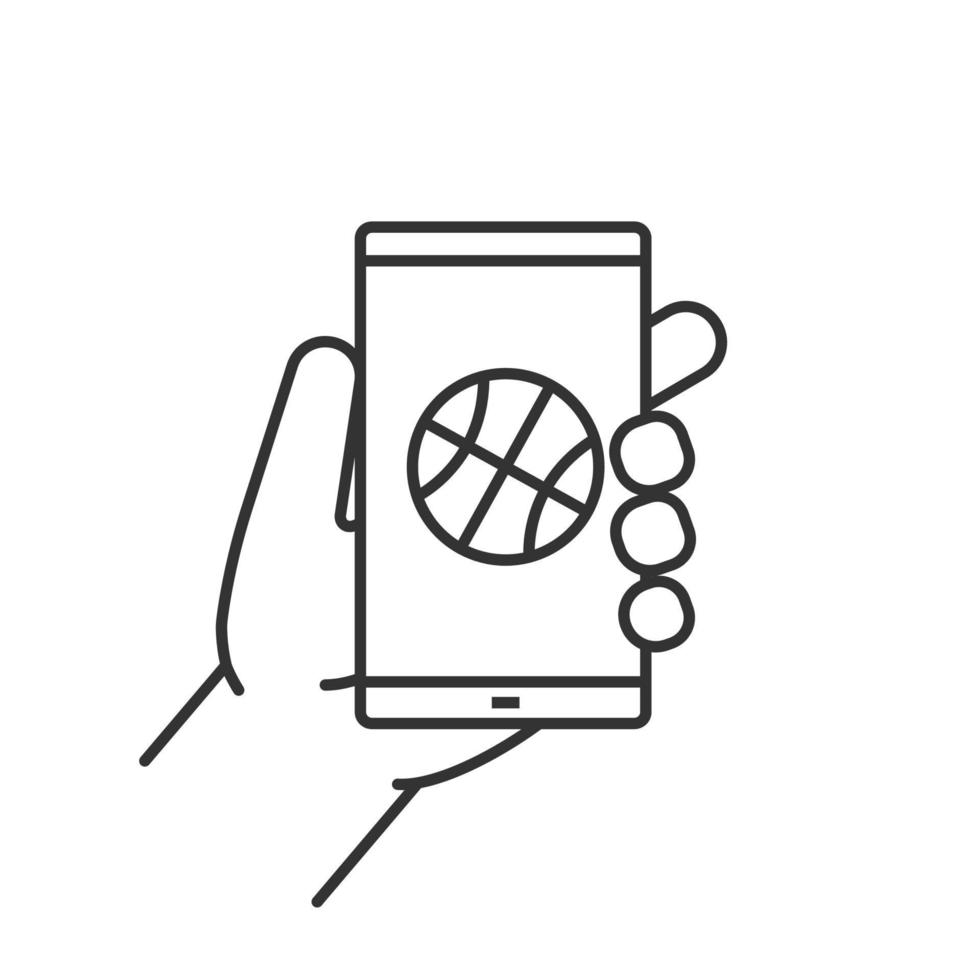 Hand holding smartphone linear icon.Thin line illustration. Smart phone basketball app contour symbol. Vector isolated outline drawing