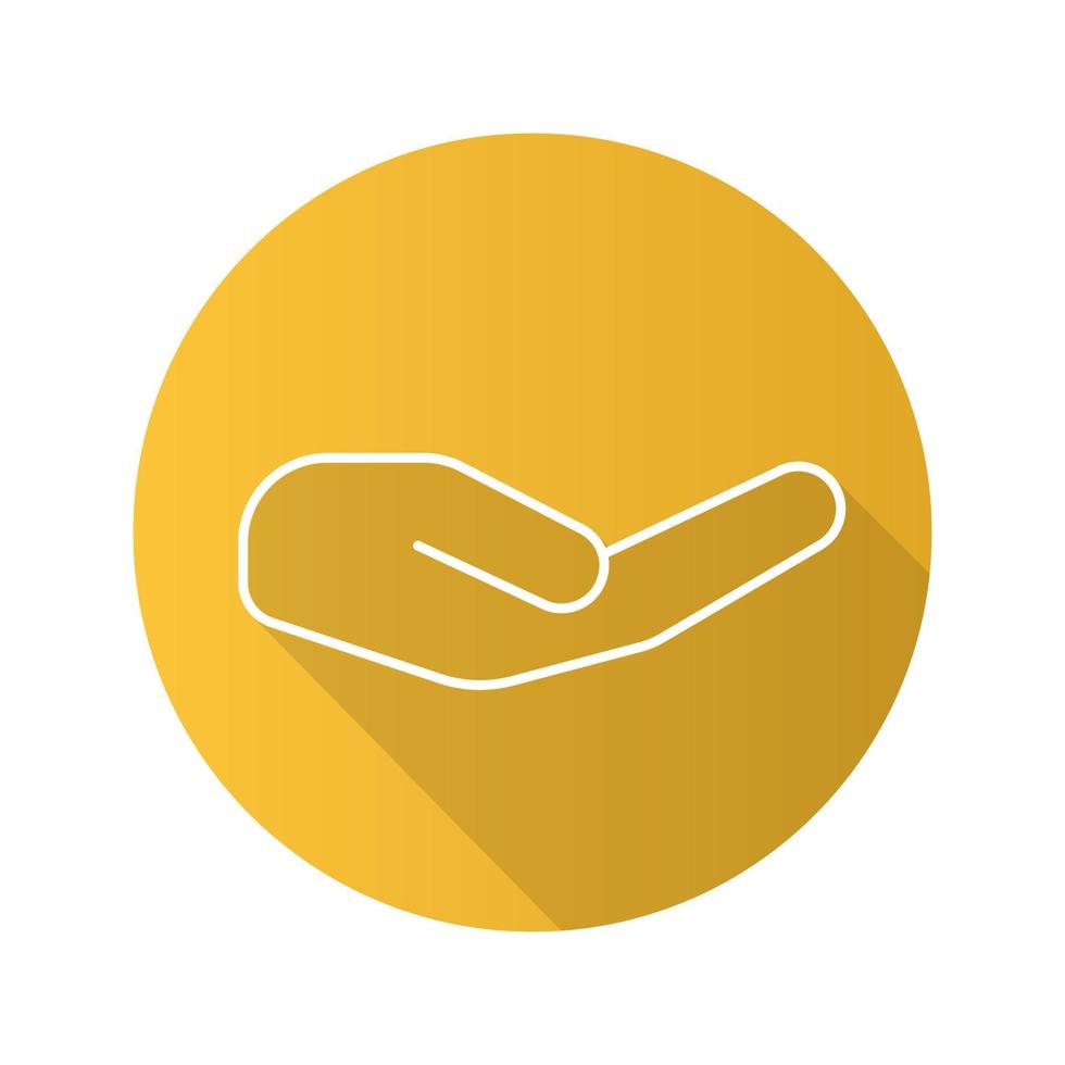 Begging hand gesture. Flat linear long shadow icon. Outstretched cupped hand. Vector line symbol