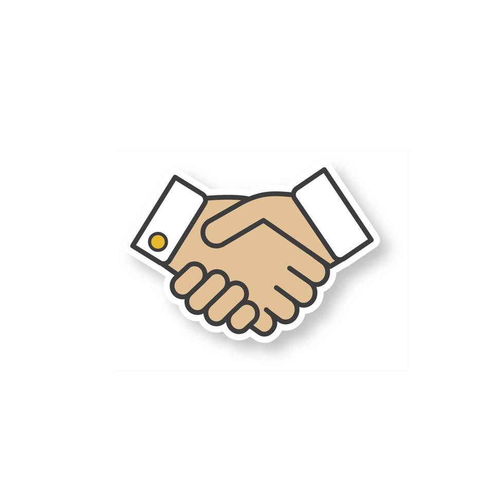 Handshake patch. Partnership. Business agreement. Color sticker. Vector isolated illustration