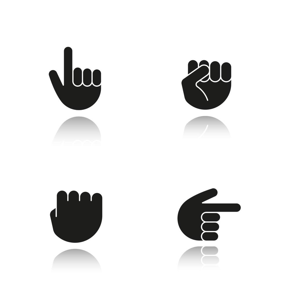 Hand gestures drop shadow black icons set. Squeezed and raised fists, hands pointing right and up. Isolated vector illustrations
