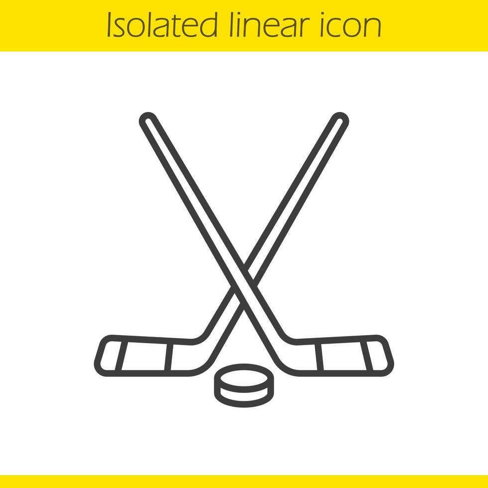 Ice hockey equipment linear icon. Thin line illustration. Crossed hockey sticks and rubber puck. Contour symbol. Vector isolated outline drawing