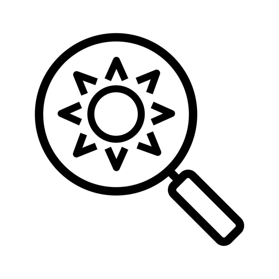 Magnifying glass with sun linear icon. Thin line illustration. Search contour symbol. Vector isolated outline drawing