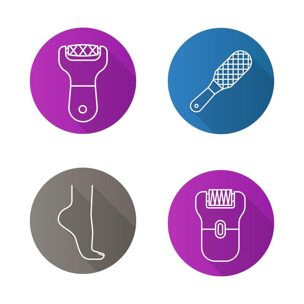 Feet care flat linear long shadow icons set. Woman's foot, file, rasp, epilator. Vector line illustration