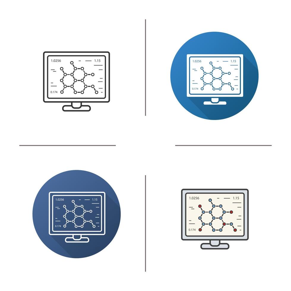 Laboratory computer icon. Flat design, linear and color styles. Molecular structure. Isolated vector illustrations