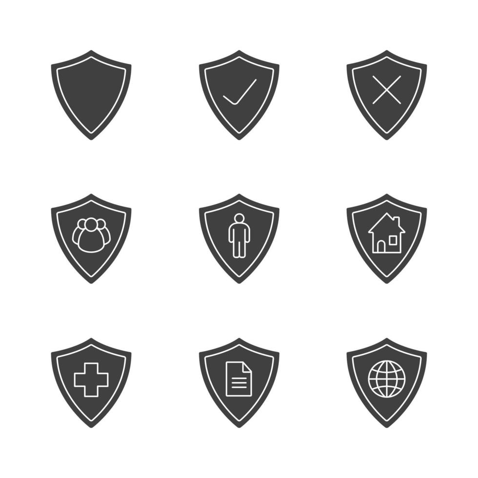 Protection shields glyph icons set. Silhouette symbols. Medical insurance, private documents, property, people, network security. Vector isolated illustration